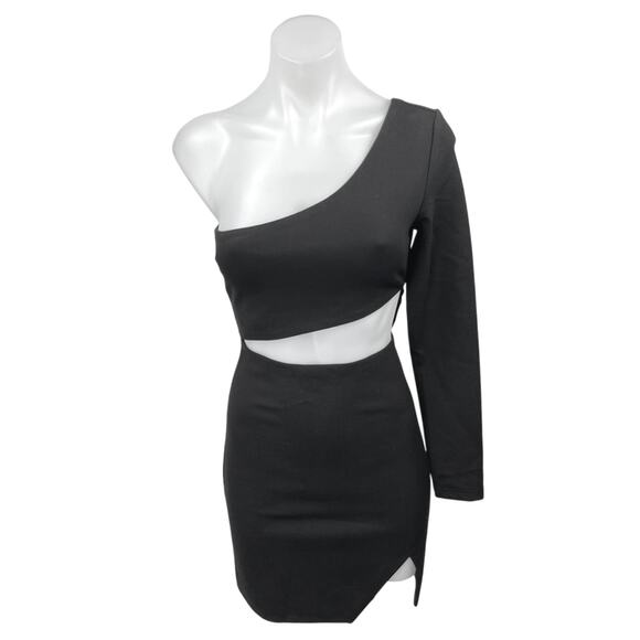 NEW Tiger Mist Nova Black One Shoulder Cutout Long Sleeve Mini Bodycon Dress XS - Picture 1 of 5